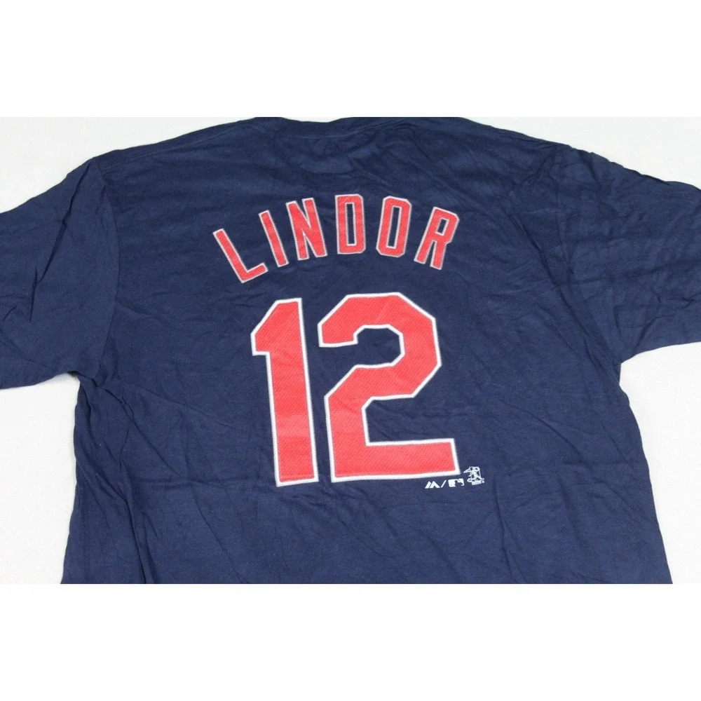 Cleveland Indians Men Blue Shirt Spell Out Lindor 12 Casual Majestic Size Large
